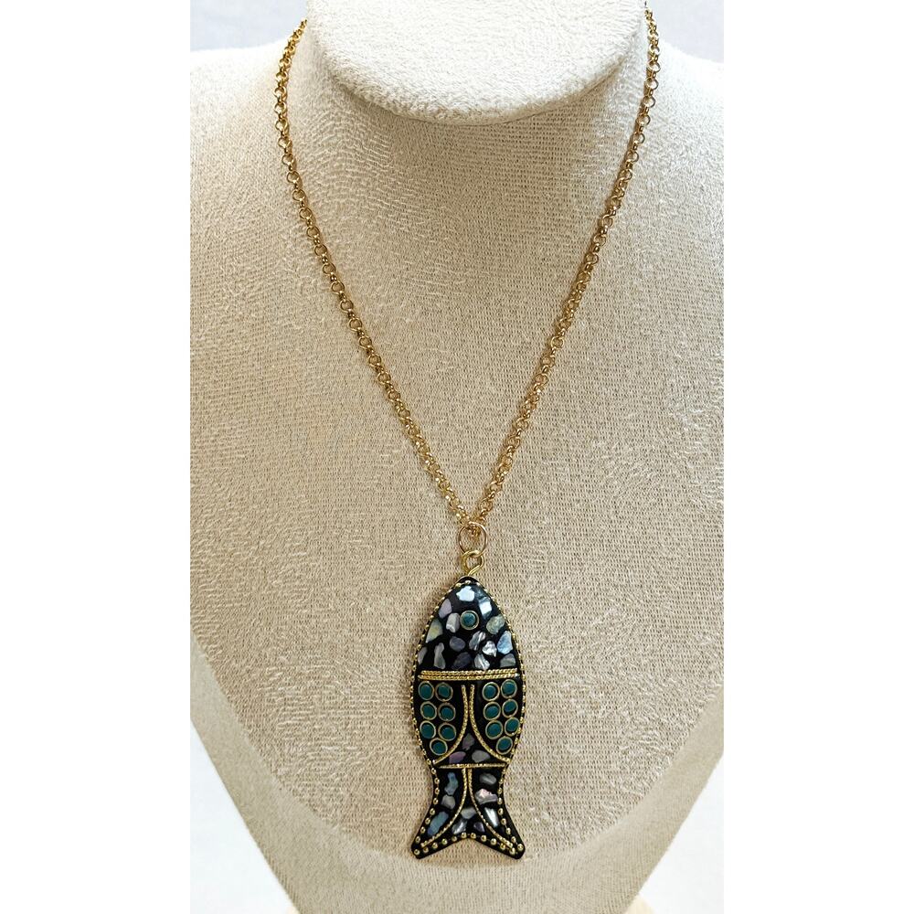 Fish Pendant Necklace Gold Tone Abalone Shell Mosaic 21" Chain N382 - Picture 4 of 4